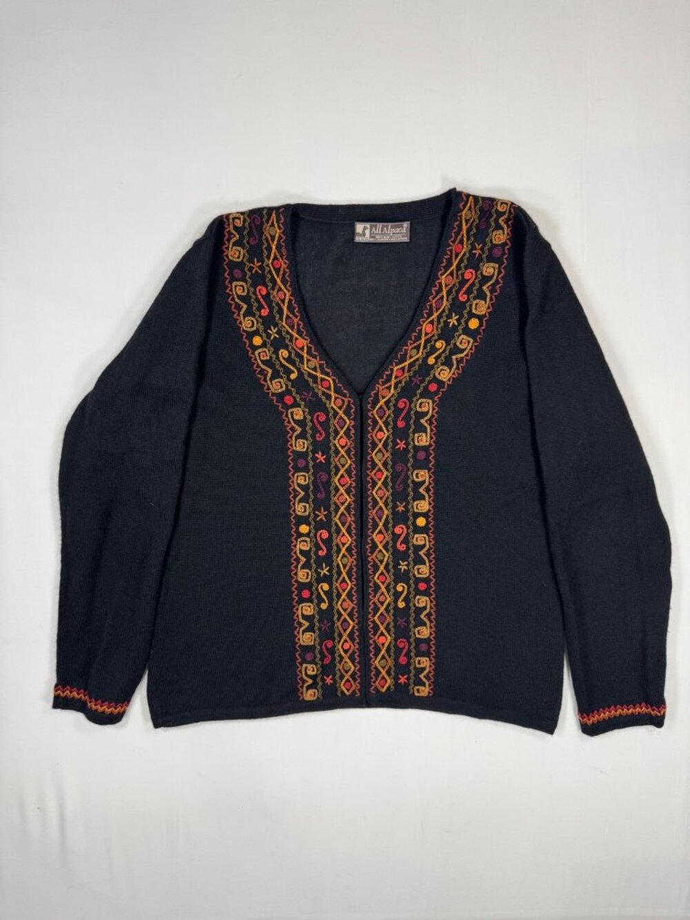 All Alpaca Sweater Cardigan Black Embroidered Baby Alpaca M Boho Folk Peru